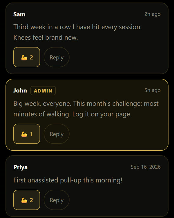 Posts from other clients in the group, with cheers and replies