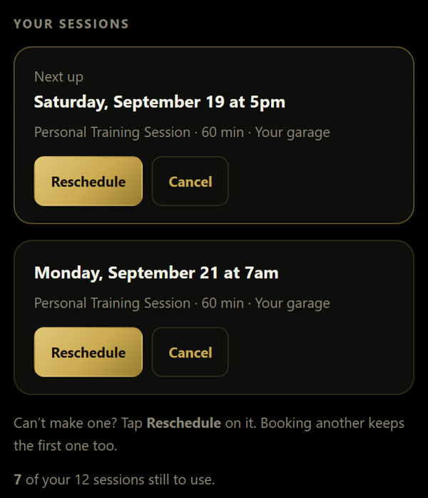 The client's upcoming sessions, each with Reschedule and Cancel buttons