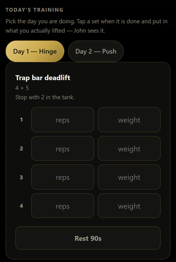 A programme on a phone, with a box for the reps and weight of each set